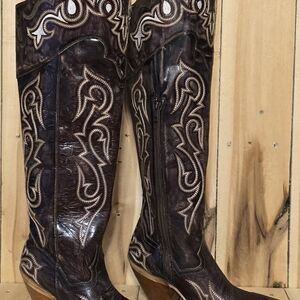 Dan Post Dark Brown Over-the-Knee Western Boots with Cream Stitching